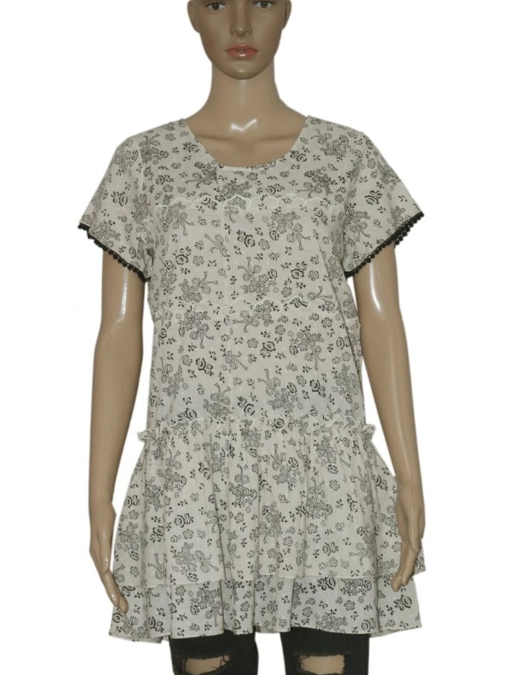 LoveShackFancy Printed Tiered Embroidered Dot Short Sleeve Tunic Dress M